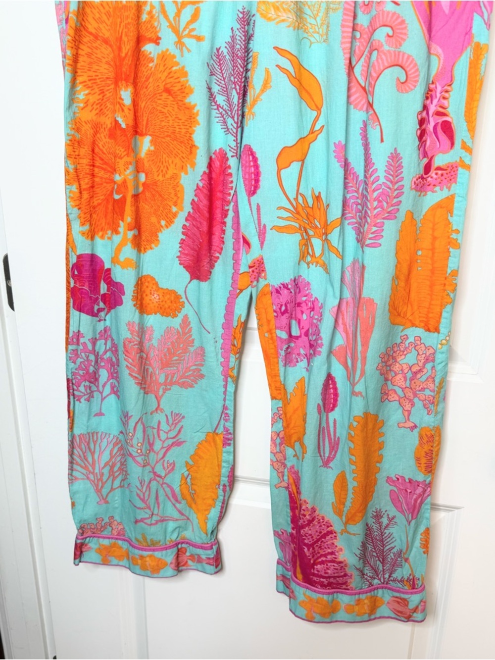 Gretchen Scott 2 Pc Set XL Aqua Pink Orange Coastal Print Top Pants Resort - Picture 9 of 11